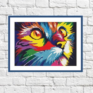 Watercolor cat Animal PDF Counted cross stitch pattern animal rainbow Cat Digital cross stitch chart modern cat cross stitch pattern