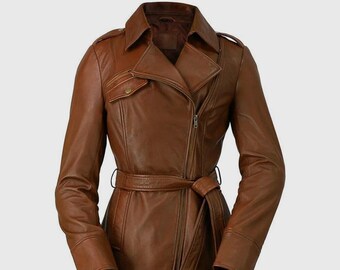 Women Real Leather Trench Coat Gift For Her Brown Women Long Button-up Trench Coat Steampunk Coat-Handmade Genuine Lambskin Leather Coat