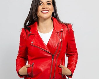 Woman Red leather jacket made with 100% original lambskin leather