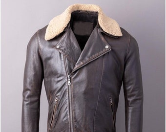 Leather Jacket For Men / Brando Perfecto Leather Jacket  / Brando Real Leather Jacket with  Fur Collar