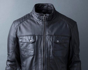 Leather jacket men black leather biker jacket