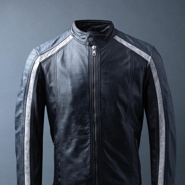Jacket For Men / Cafe Racer Leather Jacket For Men / White Stripped Leather Jacket For Men