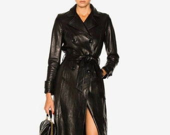 Long Trench Coat For Women / Long Black Trench Coat For Women / Real Leather Trench Coat For Women