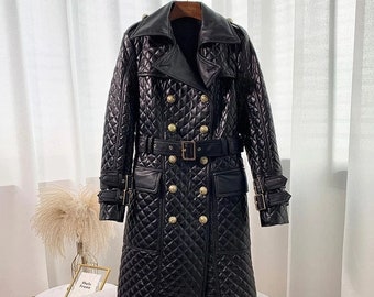 Women Leather Padded Style Black Coat  / Winter Casual Long Genuine Leather Coat Jacket / Winter Fillers Cotton Turn-Down Collar Coat