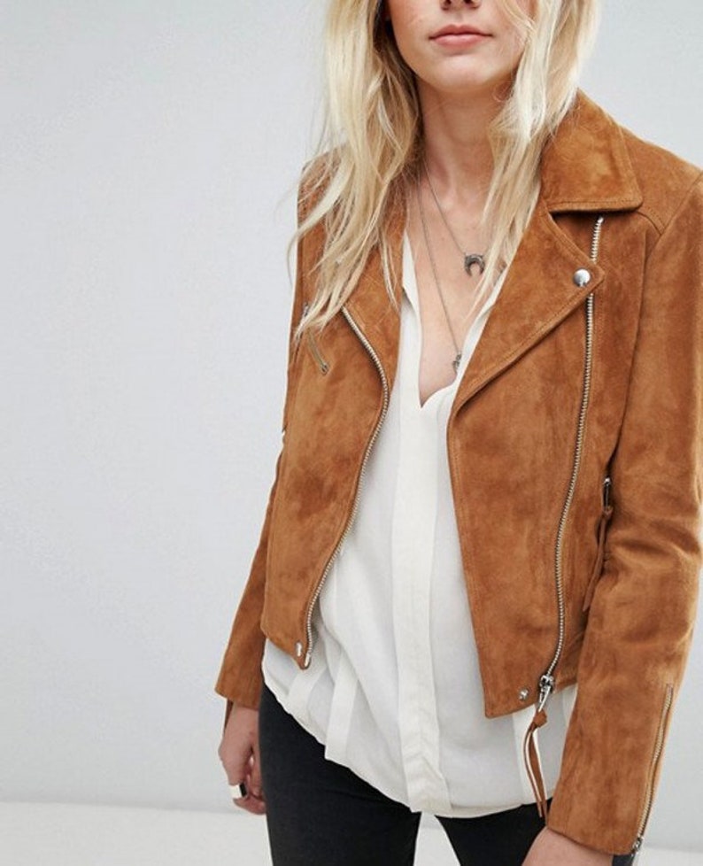 Suede Leather Jacket For Women / Brown Suede Leather Jacket For Women / Brown Biker Style Suede Leather Jacket 画像 3