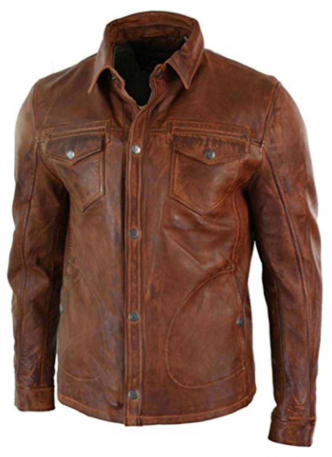 Mens Motorcycle Biker Real Wax Brown Leather Shirt | Etsy