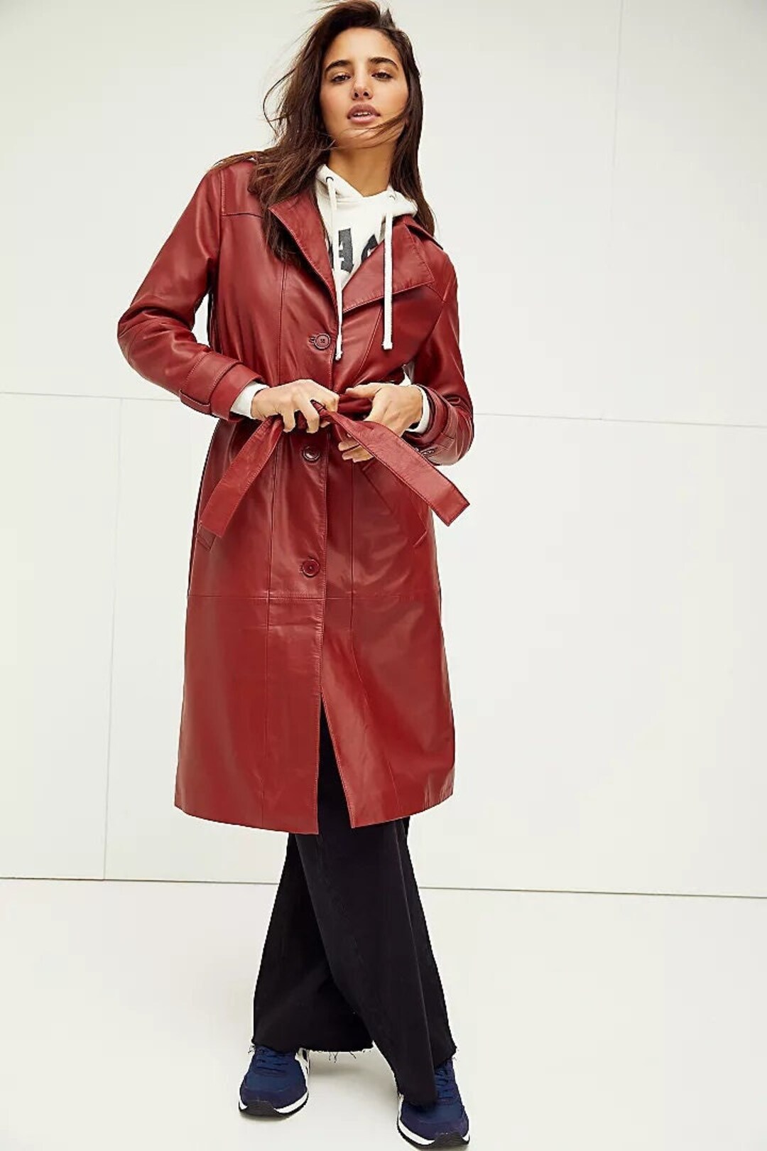 Leather Trench Coat / Red Leather Trench Coat for Women / Long Red