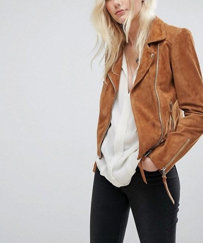 Suede Leather Jacket For Women / Brown Suede Leather Jacket For Women / Brown Biker Style Suede Leather Jacket 画像 1