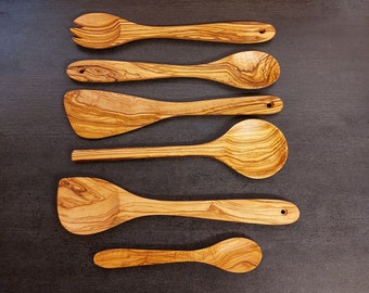 Ensemble d’aide de cuisine 6 pcs. en bois d’olivier Couverts à salade Panewender Cuillère de cuisson Cuillère de service Cuillère de dégustation Ustensiles de cuisine Bois