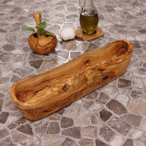 Schale länglich aus Olivenholz, Baguetteschale, Obstschale, Rustikale Schale, Brotschale Geschenk handgefertigt