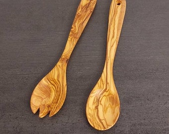 Serveurs à salade en bois d’olivier, Ustensiles de service 30 cm, Ustensiles de cuisine, Cuillère à salade, Fourchette à salade, Set de cuisine