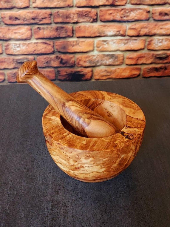 Mörser aus Olivenholz, Holzmörser, Gewürzmühle, Gewürz Mörser  Ø 14 cm