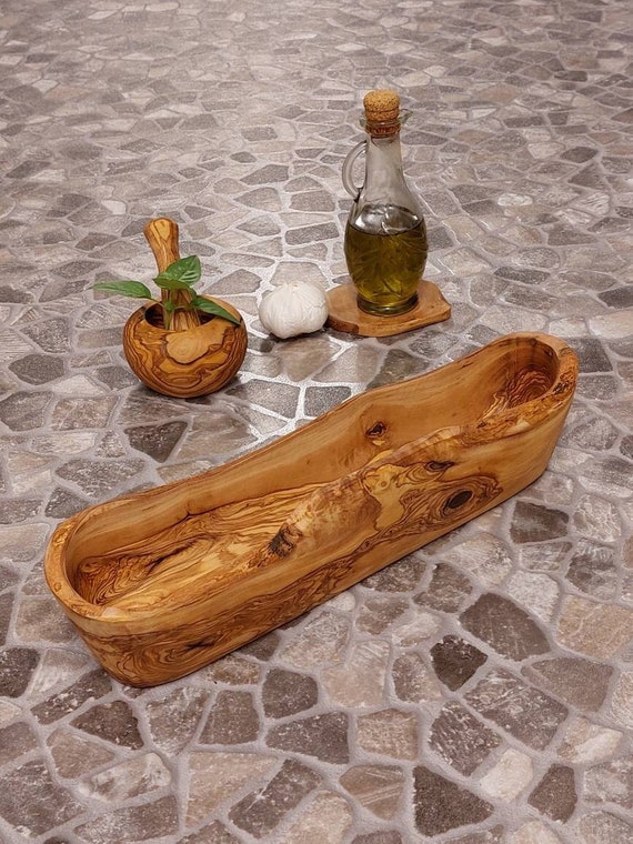Schale länglich aus Olivenholz, Baguetteschale, Obstschale, Rustikale Schale, Brotschale Geschenk handgefertigt