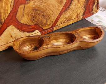 Bowl made of olive wood, bowl with 3 compartments, nut bowl, snack bowl, dip bowl, wooden bowl, gift