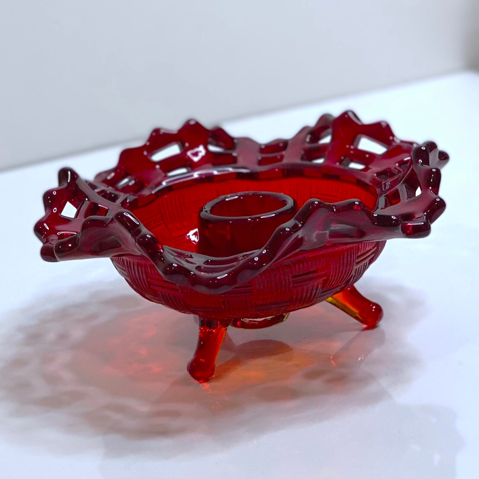 Fenton Amberina Basket Weave Glass Candle Holder MCM Etsy