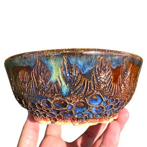 Handmade Coral Carved Ceramic Bowl Deep Ocean Blue & Rust Food Safe Unique Gift Functional Pottery Art Plate Bowl Jewelry Trinket Dish Tray