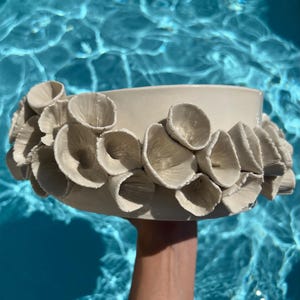 Peut inclure: Un bol en céramique blanche doté d'un extérieur texturé orné de nombreuses petites protubérances sculptées en forme de coupe, rappelant des anémones de mer ou des formations coralliennes, disposées en un motif dense et superposé.