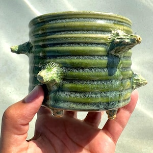 Small Handmade Green Sea Creature Planter with Ocean Glaze | Sculptural Ceramic Pot with Spikes | Unique Succulent or Desk Art Gift