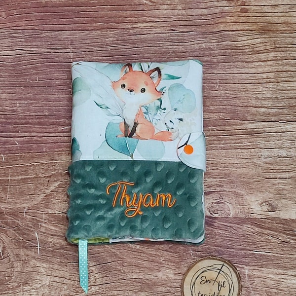 Housse protège carnet de santé mixte renard garçon fille, personnalisable au prénom de votre choix, thème renard orange vert jade