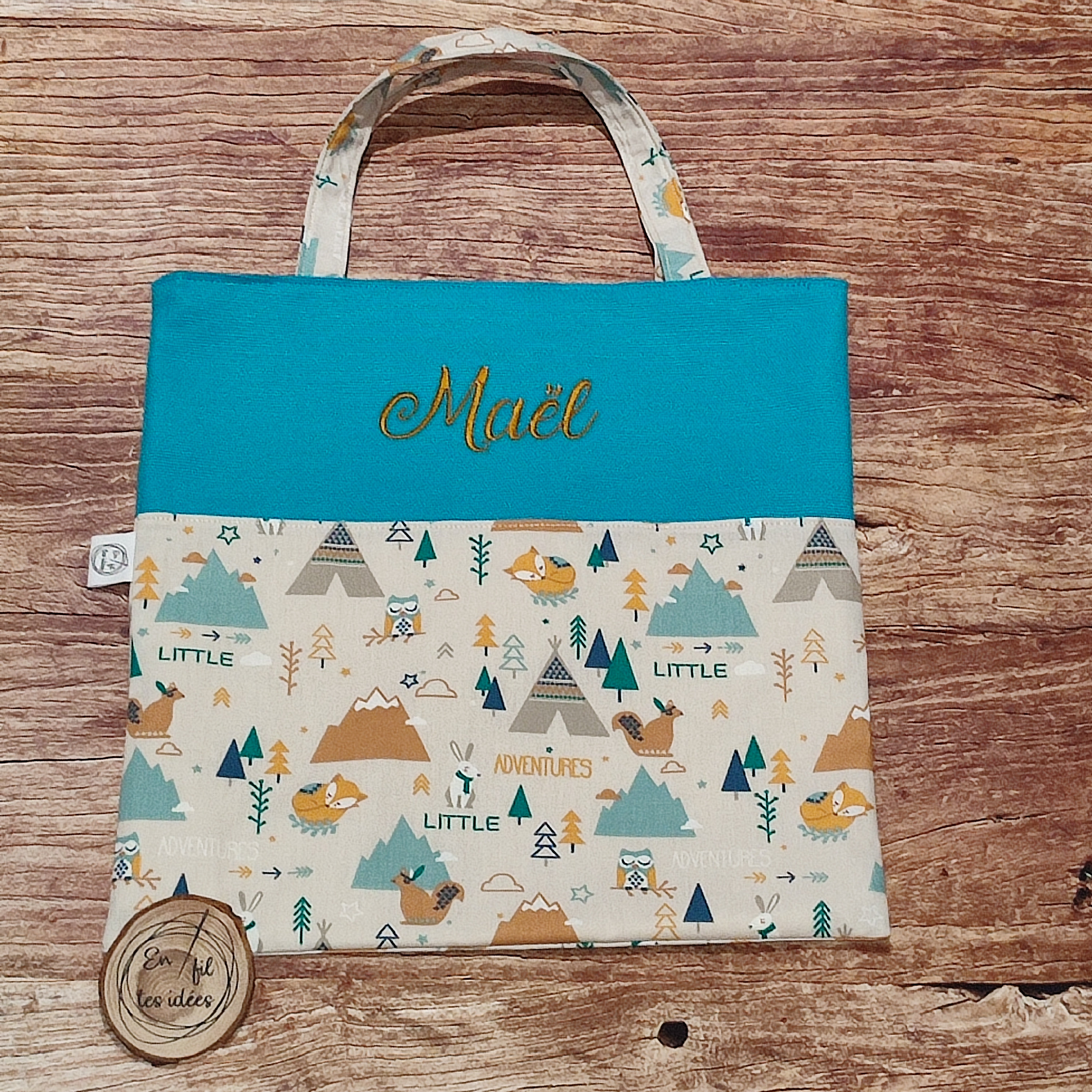 Sac de biblioth&egrave;que personnalis&eacute;, tote bag, tissu renard turquoise hibou