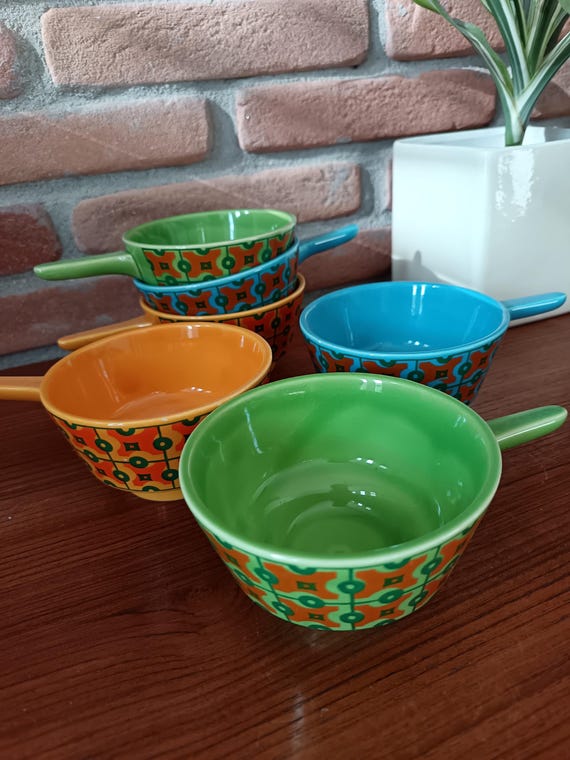 6er-Set Keramikschüsseln mit Henkeln – Vintage-Design der 1970er-Jahre – Backförmchen – Retro-Küche