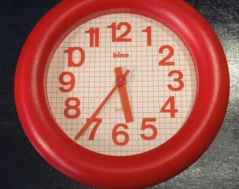 BINO Vintage 1980s Wall Clock - Red Plastic Made in Italy - Space