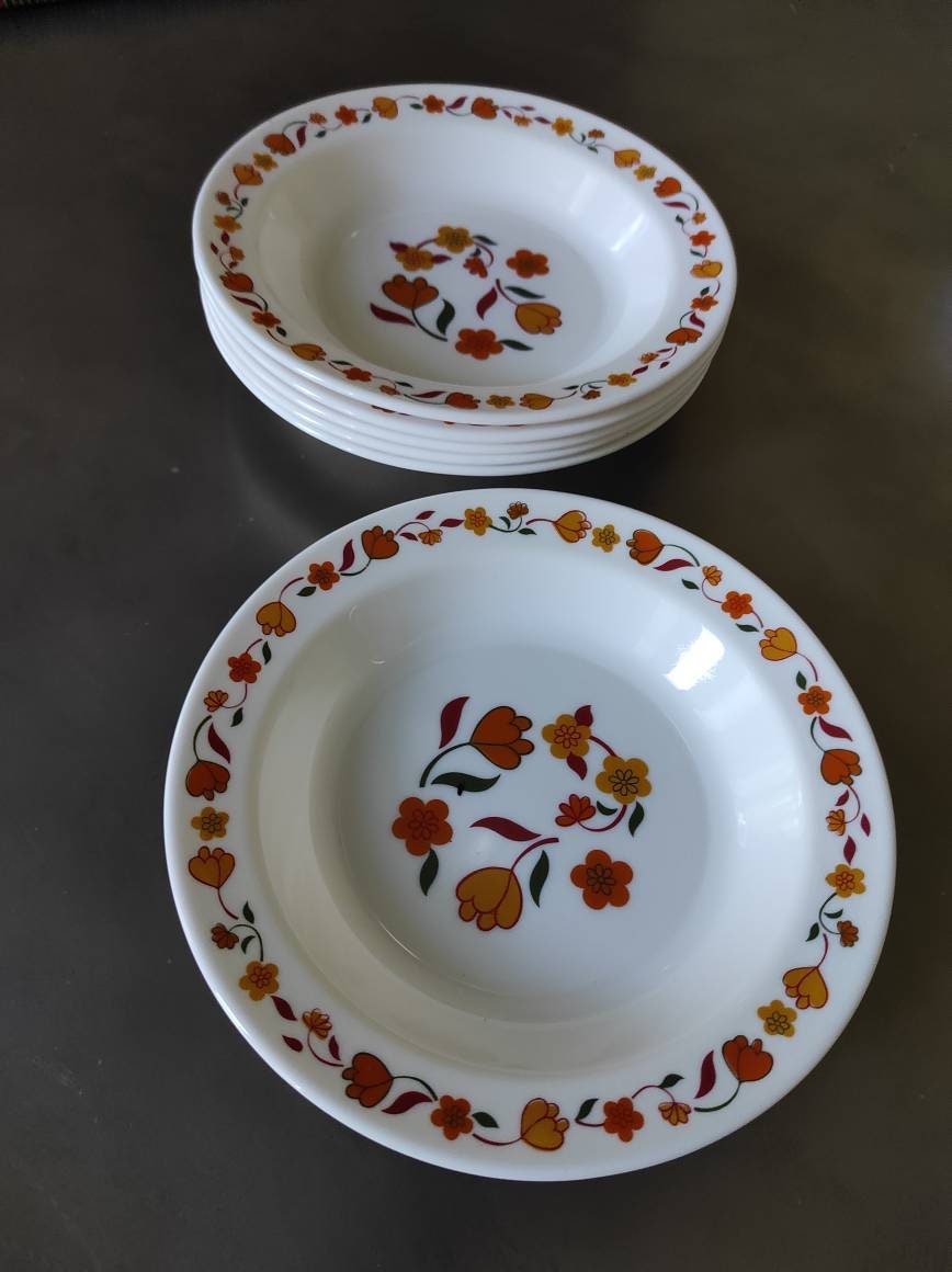 Lot De 8 Assiettes Creuses Arcopal Vintage - France - D 21,5 Cm - Motif Fleurs Oranges