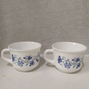 Può includere: Due tazze in ceramica bianca con motivi floreali blu. Le tazze hanno una forma arrotondata e un singolo manico.