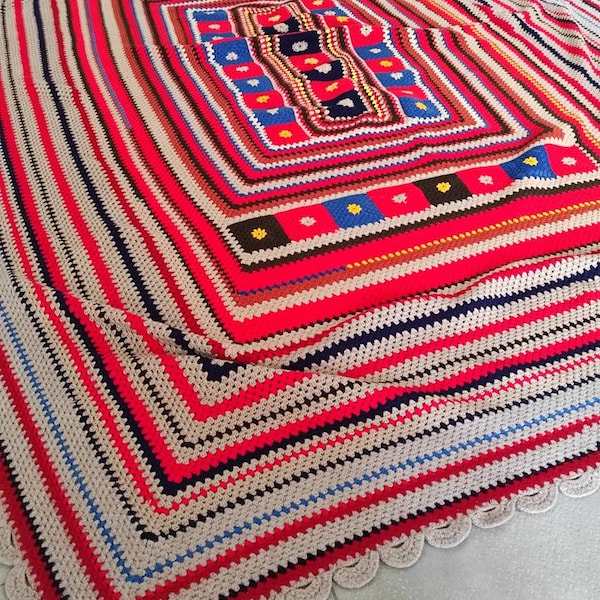 Couverture double en laine au crochet design vintage original des années 70 - couvre-lit - housse de canapé