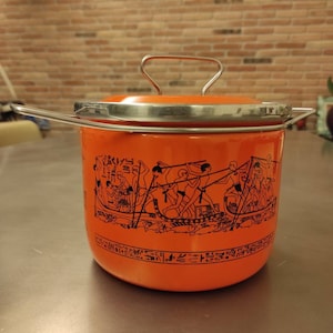 SILTAL Olla esmaltada naranja 1970 Diseño de jeroglíficos egipcios Carla Agnelli - diseño vintage