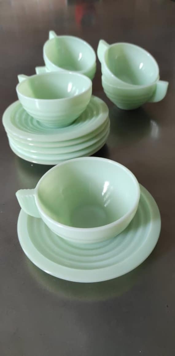 Set De 6 Tasses Anciennes En Opaline - Vert Art Déco - Vintage - Occasion