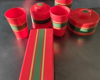 Orange plastic bathroom set by Guenzani - vintage retro design 1970s Made in Italy - Toilet Toilet set