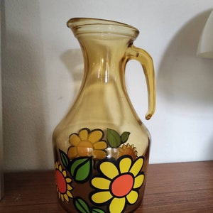 Vintage Jug Carafe in smoked yellow glass with flowers - 1970s retro design