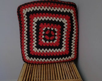 Large retro vintage 1970s cushion - wool crochet design - granny's house square