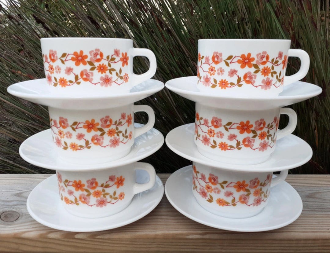 Lot De 2 Tasses à Thé Arcopal Vintage - Motif Floral Scania - Verre Opale - Occasion - Fabriqué En France