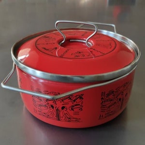 May include: Red enamel pot with a silver lid and handle. The pot features a black and white design of stylised trees and figures.