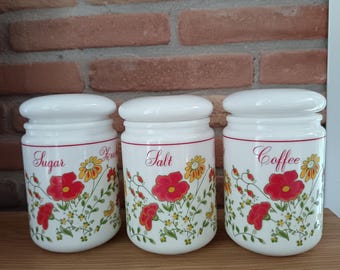 Vintage 1970s - Milk Glass Salt Jar / Set 3 Milk Glass Jar Containers with Plastic Lid. -CERVE' - ITALY