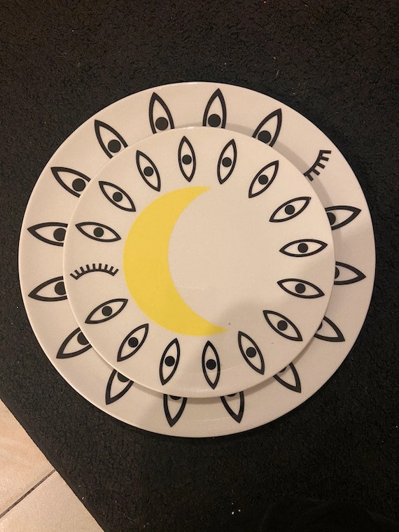 IKEA Large and Small Plate 23102 Glodande Black Eyes Yellow Moon