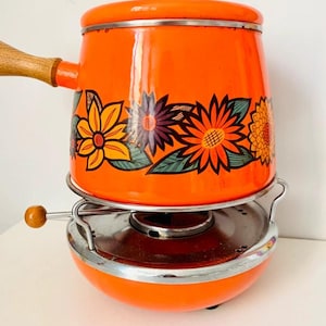 Vintage Enamel Fondue Pot Set, Orange, Enamelled - Shabby Chic Decor, French Home Decor, 1970s