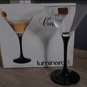 LUMINARC 4 cocktail glasses/Martini glasses model with black stem - Arcoroc vintage design from the 1980s