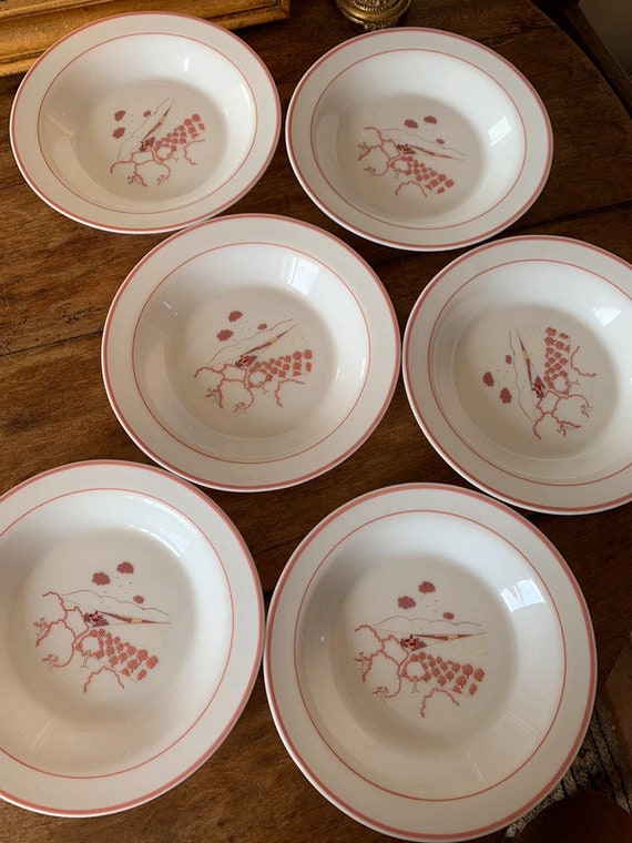Set de 8 assiettes creuses en opaline arcopal décor floral roses vintage années 60 - Arts de la table