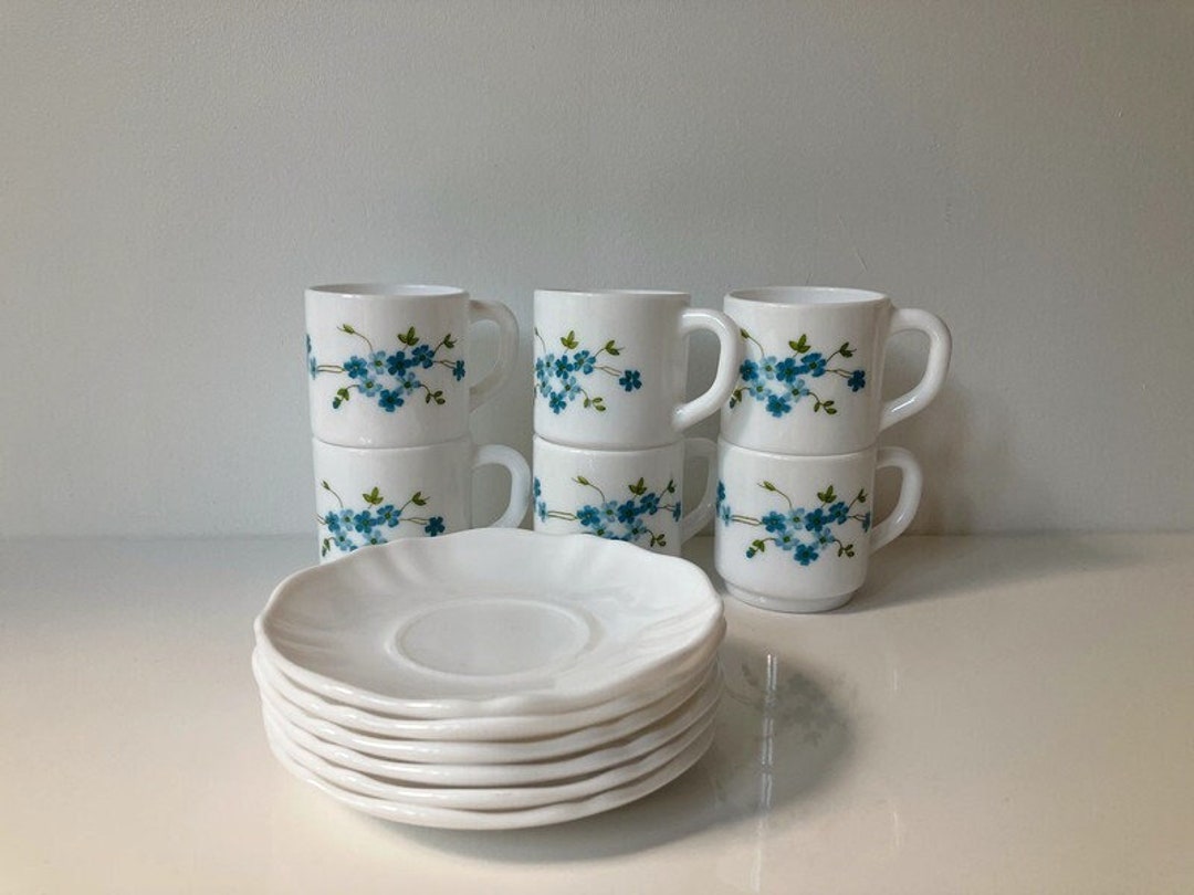 6 TASSES À CAFÉ ARCOPAL VINTAGE VERONICA MYOSOTIS FLEURS BLEUES | UK