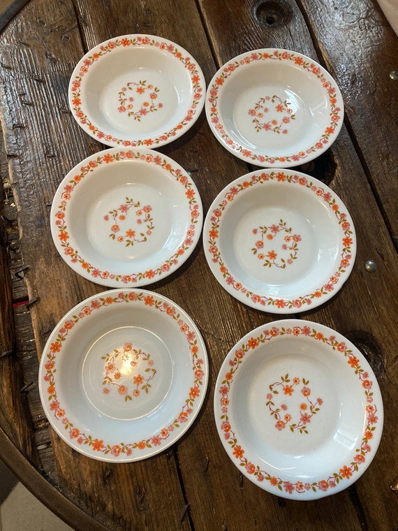 Lot De 6 Assiettes Creuses Arcopal Scania - Motif Fleurs Orange, Design Années 70 (occasion)