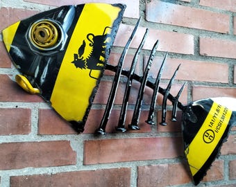Escultura de pez de hierro reciclado | Arte industrial contemporáneo | F-Lor da Fer, pieza única | Diseño de decoración marina