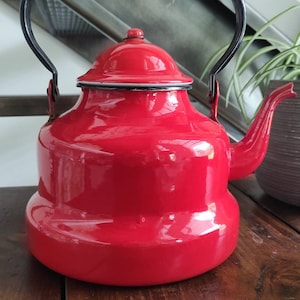 Vintage French enamel teapot, red color, enamel, coffee kettle, French home decor, 1960s 1970s