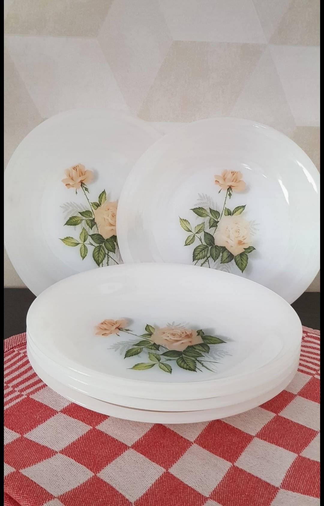 ARCOPAL 6 Soup Plates Pink Rose Collection Vintage Design Made in France  From the 70s -  Finland