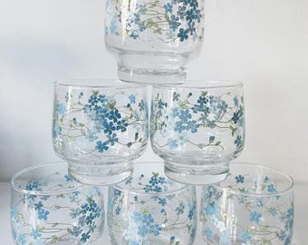 ARCOPAL 6 glasses flowers VERONICA MYOSOTIS collection - vintage 70s glass