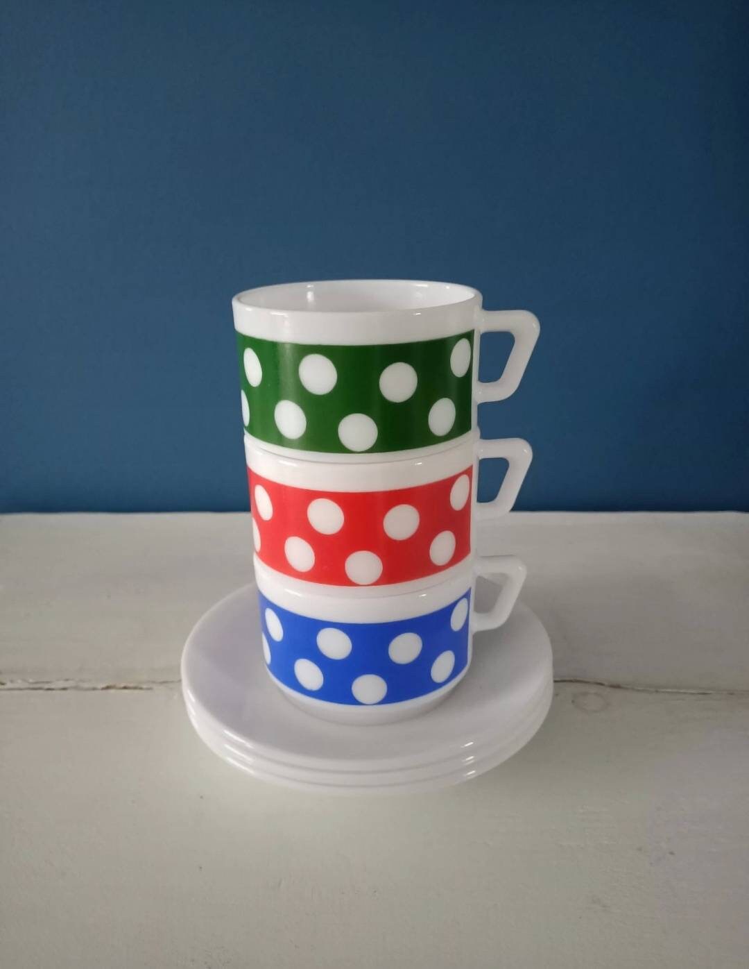Lot De 3 Tasses à Café ARCOPAL Vintage - Motif Pois, Fabrication Française Années 70-80
