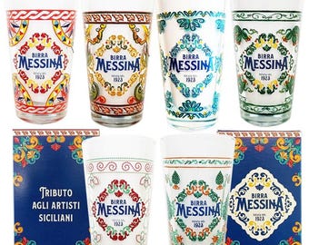 Juego de 6 vasos coleccionables de cerveza Messina - Artistas de ciudades sicilianas - Diseño Made in Italy - Auténtico diseño italiano