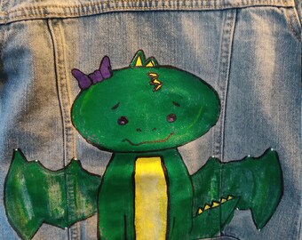 Dragón de la chaqueta de mezclilla pintado a mano con lazo púrpura